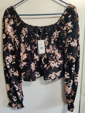 Floral Smocked Black Long-Sleeve Crop Top